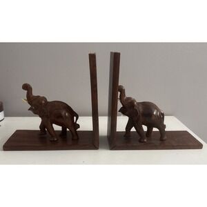 Elephant Hand Carved Wooden Bookends